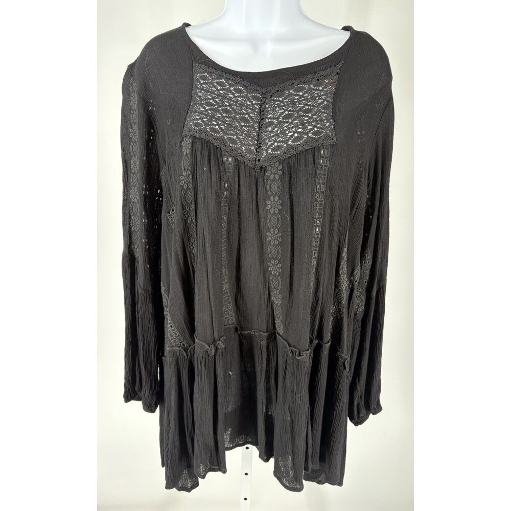 Black Boho Lace Peasant Top | Long Sleeve Tiered Tunic Blouse